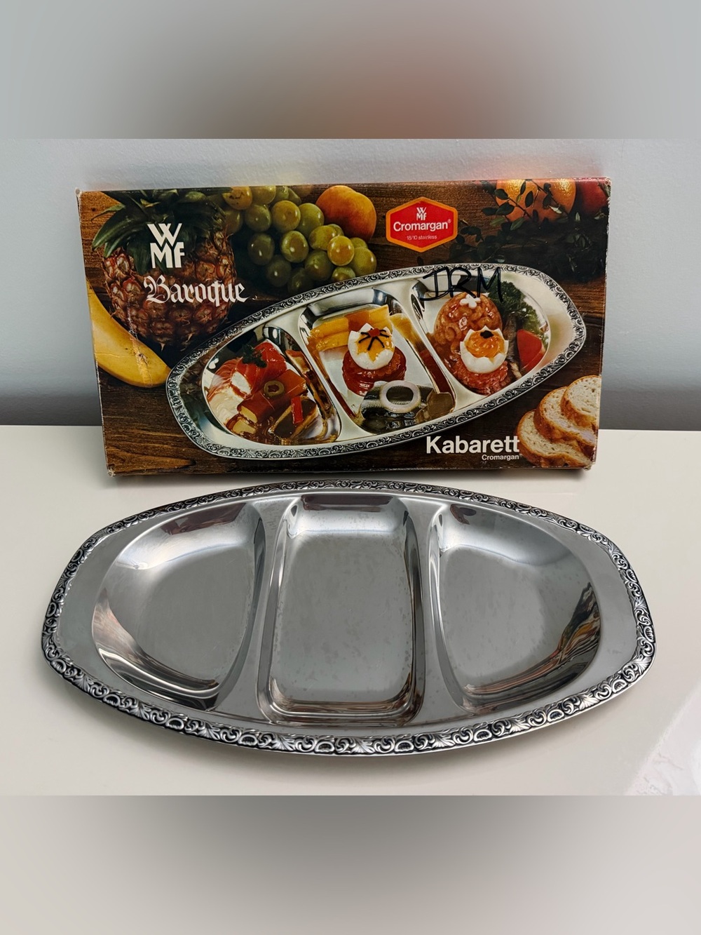 Vintage WMF Cromargan Stainless Baraque Appetizer Serving Tray in Box Germany
